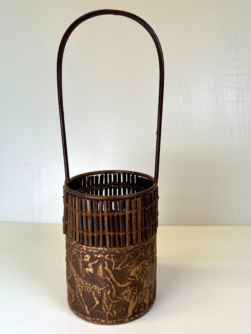 Vtg Japanese Ikebana Flower Basket Embossed Metal Safari Jungle Bamboo Handle